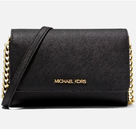 New Michael Kors Jet Set Travel Medium Phone Crossbody Saffiano Leather Black - Picture 1 of 6